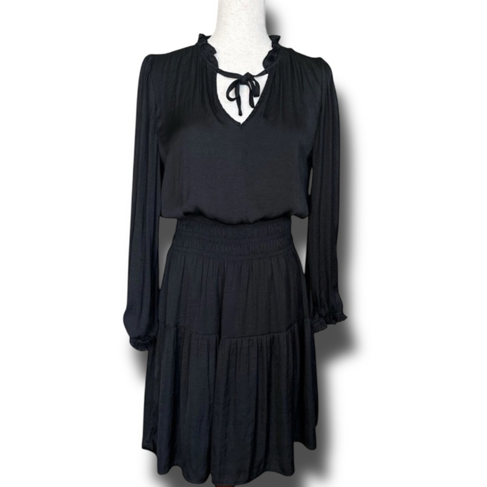 DownEast Tiered Smocked Waist  Midi Dress Tie Neck Black Ruffles Blouson Sz M